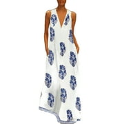Plus Size V Neck Floral Long Dress for Women Bohemian Sleeveless Hawaiian Holiday Dresses Boho Evening Party Beach Sundress