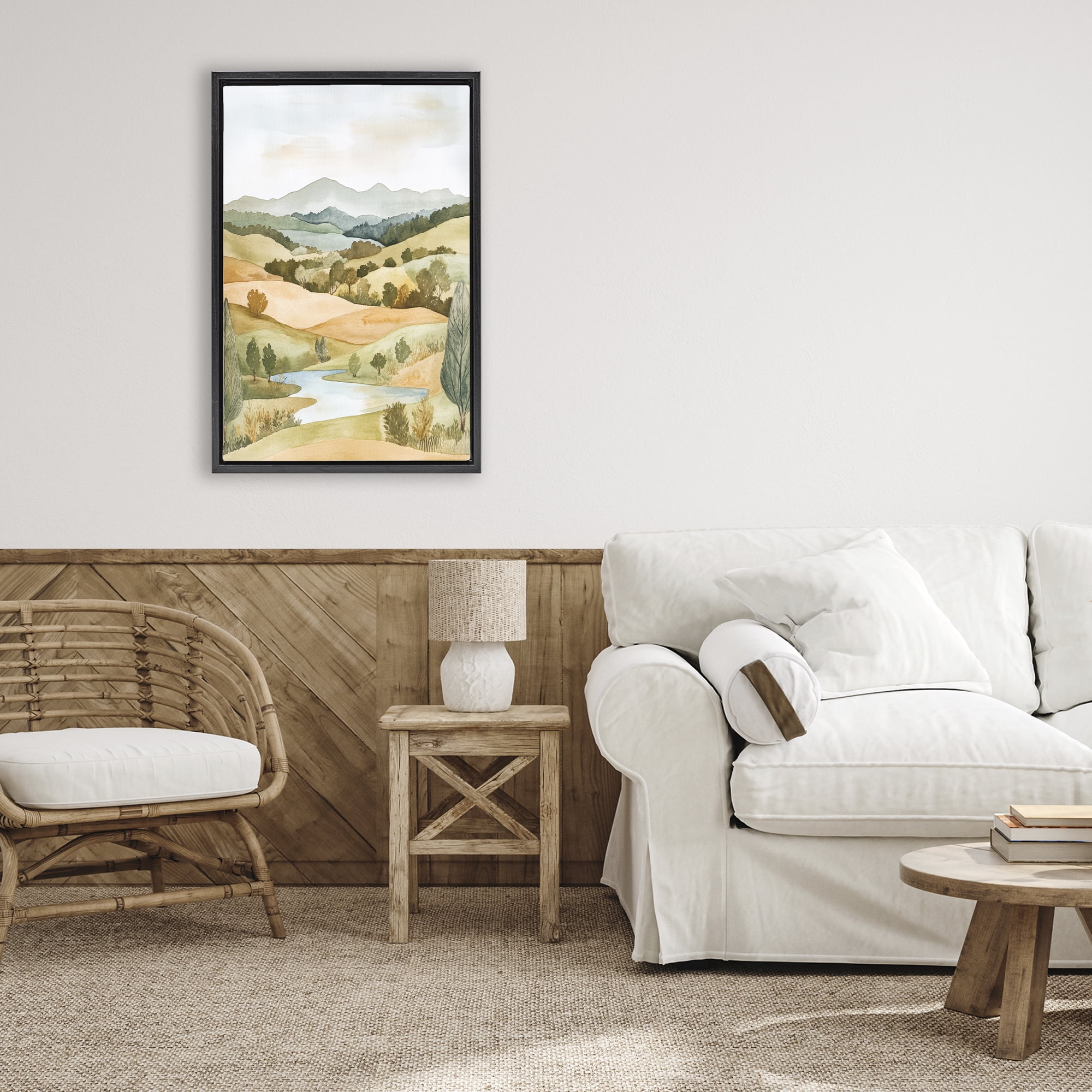 Stupell Industries Watercolor Hills & Tranquil Valley Black Framed Floater Canvas Wall Art, design by Petal Prints Design