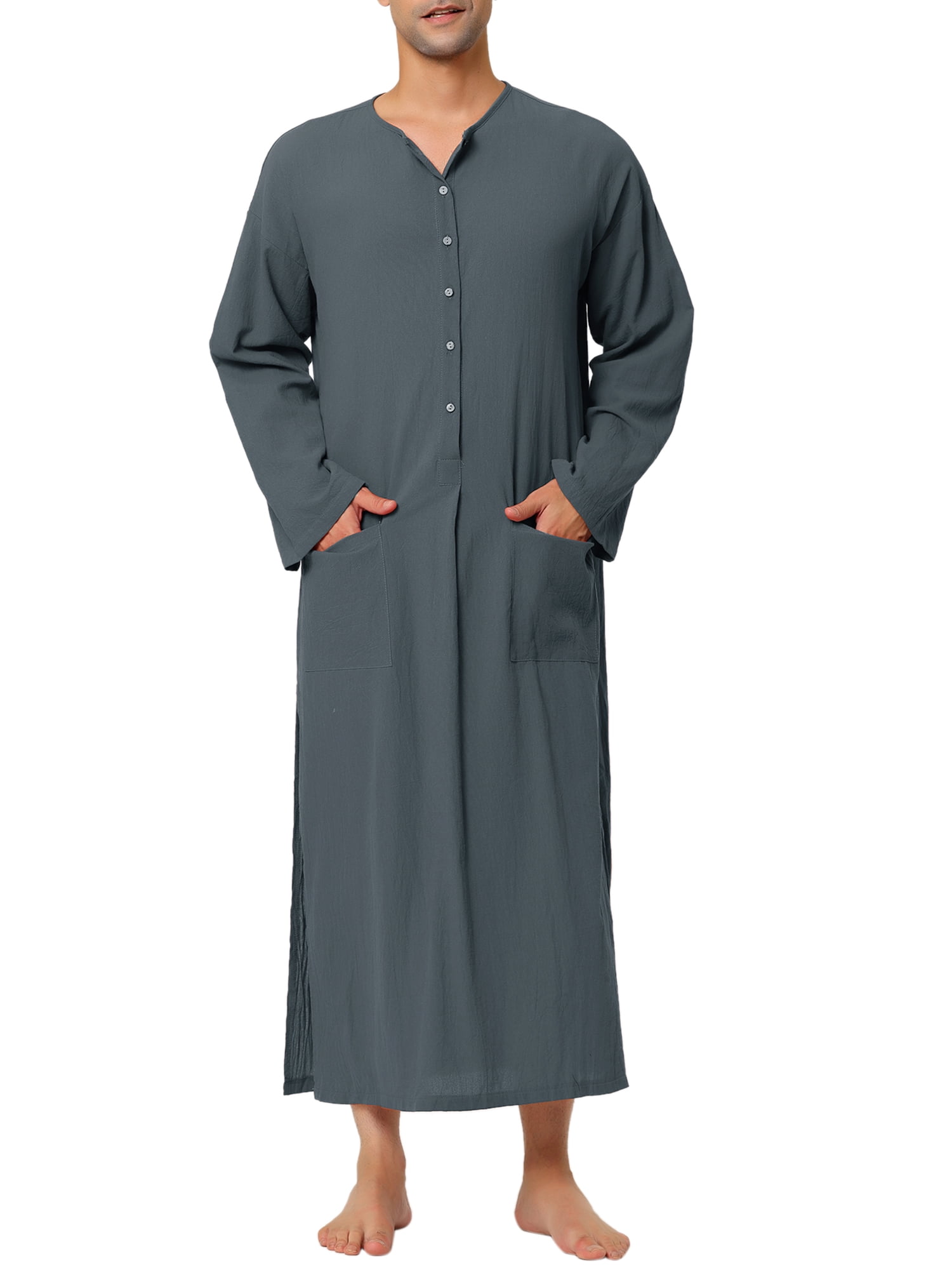 Unique Bargains Men's Nightshirt Cotton Sleep Shirt Side Split Long Nightgown L Gray