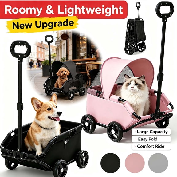 Pet Stroller, 4 Wheels, Travel Folding Carrier _ #01 _ A _ Black