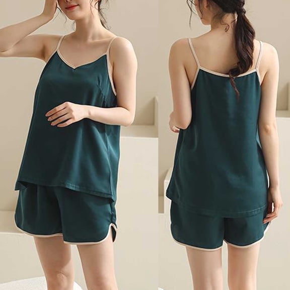 Wensltd Camisole Pajamas for Women Casual Solid Color V Neck Sleepwear Set Shorts Nightwear