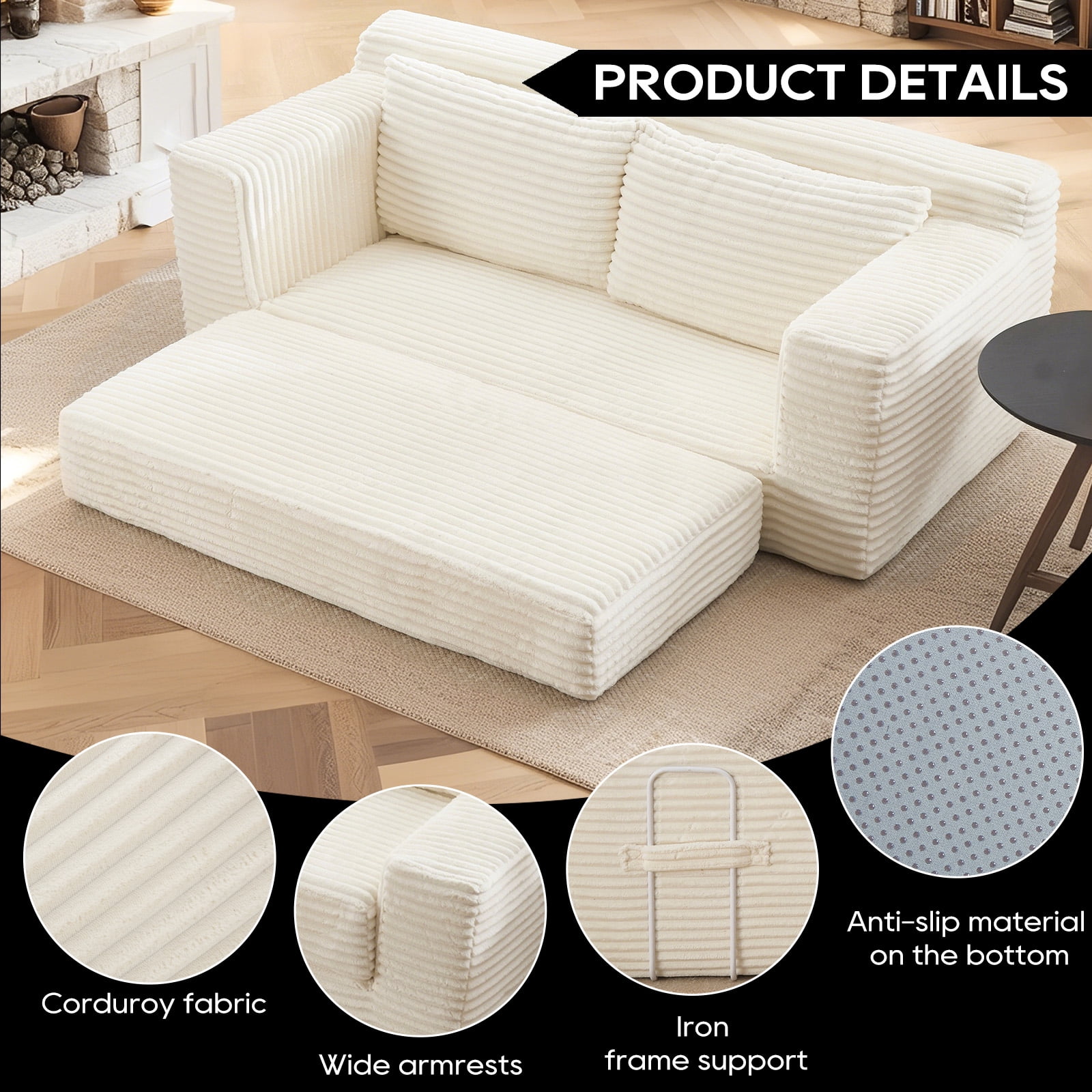 Leumius Convertible Loveseat Compression Sofa for Living Room,Corduroy 2 Seater Couch Memory Foam Sofa for Small Spaces,Apartments,Office,Beige