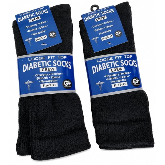 Men’s Black Diabetic Crew Socks 9-11 Non-Binding Extra Wide Comfort 6 Pair Pack