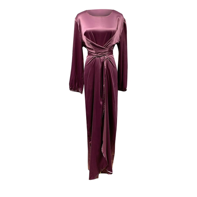 Abcnature Women's Long Sleeve Midi Long Dress Wrap Round Neck Tiered Fall  Vintage Maxi Dresses Solid Satin Soft Waist and Ankle Dress Purple M -  Walmart.com
