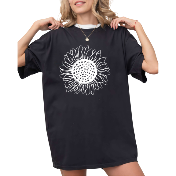 UNISHE Women's Minimalist Line Art Sunflower Graphic Black Short Sleeve T-Shirt S-5XL Simple Crewneck Top