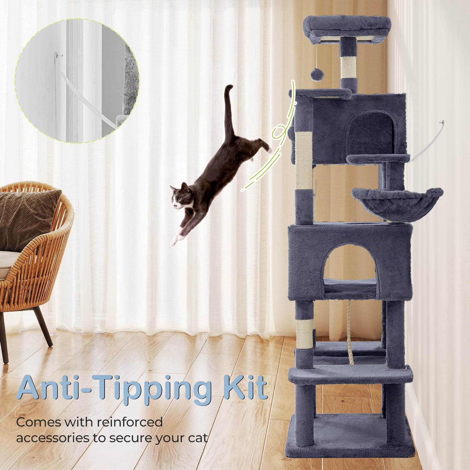 CONCETTA 66in Multi Level Cat Tree Tower,Cat Scratching Posts with Large Top Perch and Hammock,Gray