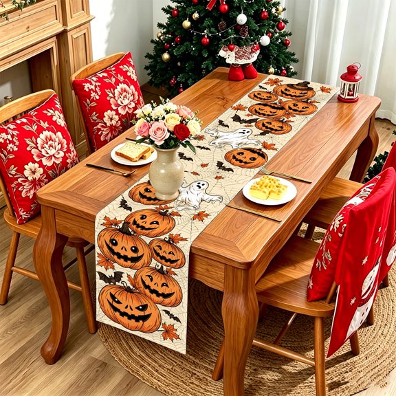 1pc Vertical Pumpkin Skull Autumn Leaves Table Runner, Polyester Halloween Table Decor (13x48/13x70/13x108 inch)