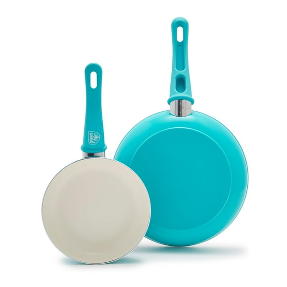 Juego de sartenes antiadherentes GreenLife (18 cm y 25 cm), de cerámica no tóxica y libre de PFAS, aptas para lavavajillas y horno, para tortillas de huevo, con asas que se mantienen frías, esenciales