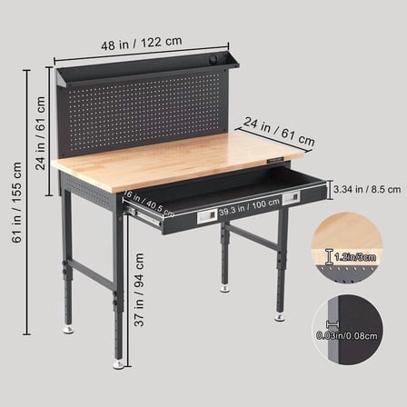 VEVOR Workbench Adjustable Height 28-39.5" Work Bench For Garage Oak Plank & Carbon Steel Heavy Duty Workbench 2000lbs Weight Capacity Bench top Size 48x24" Hardwood Workbench 3m Cable 30 Hooks