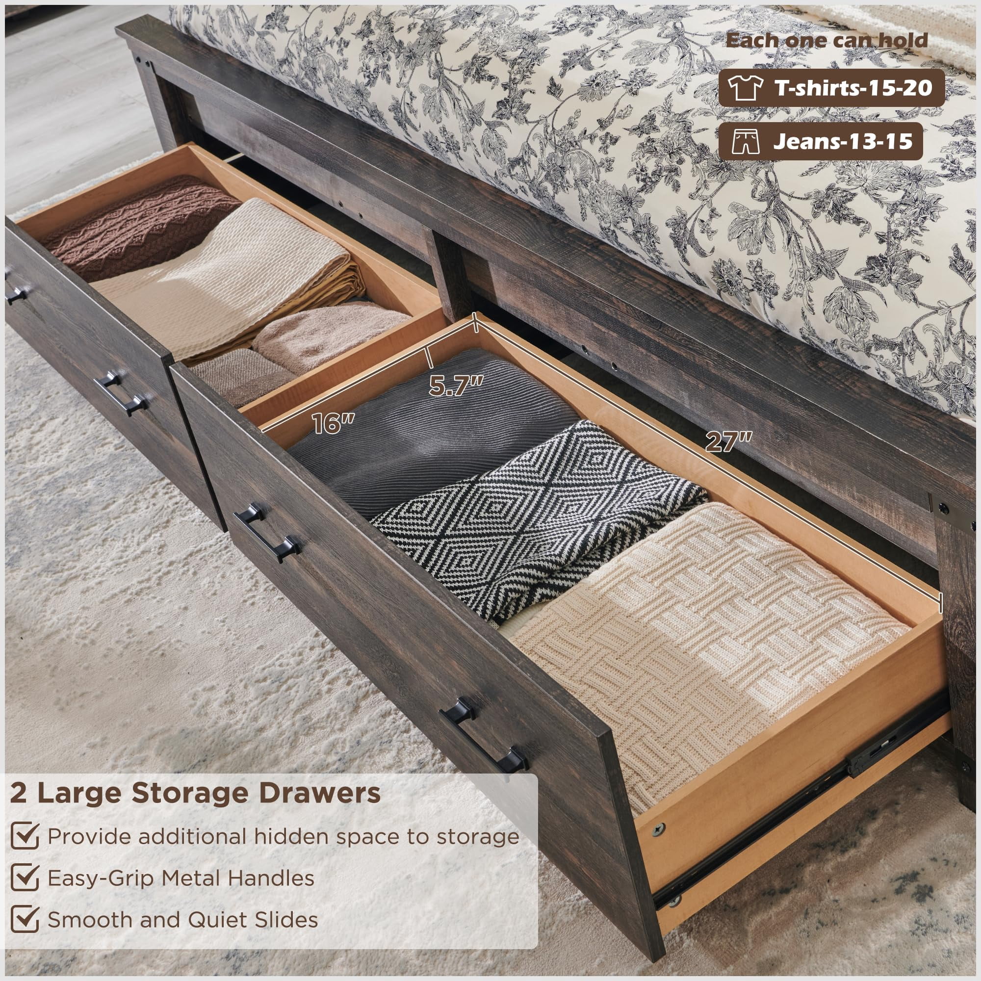 OKD Queen Size Bed Frame W/ 54" Tall Geometric Headboard, Farmhouse Wood Platform Bed W/ 2 Large Storage Drawers, No Box Spring Needed, Dark Rustic Oak