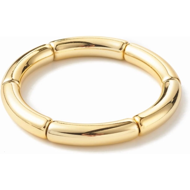 Pulsera elástica con cuentas de tubo curvo acrílico grueso de 2 piezas para mujer, color dorado, 2 pulgadas