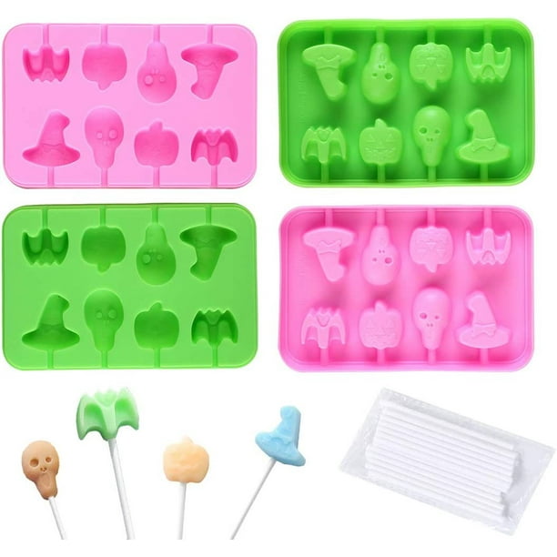 Moldes para dulces de Halloween, moldes para paletas de silicona, 4 moldes para paletas de chocolate (con palos), que incluyen calabaza, maldad, calavera, molde para dulces fantasma, congelador para h