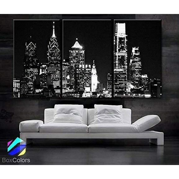 BoxColors - Large 30"x 60" 3 Panels 30"x20" Ea Art Canvas Print Beautiful Philadelphia Skyline Light Buildings Wall Home (Included Framed 1.5" Depth)