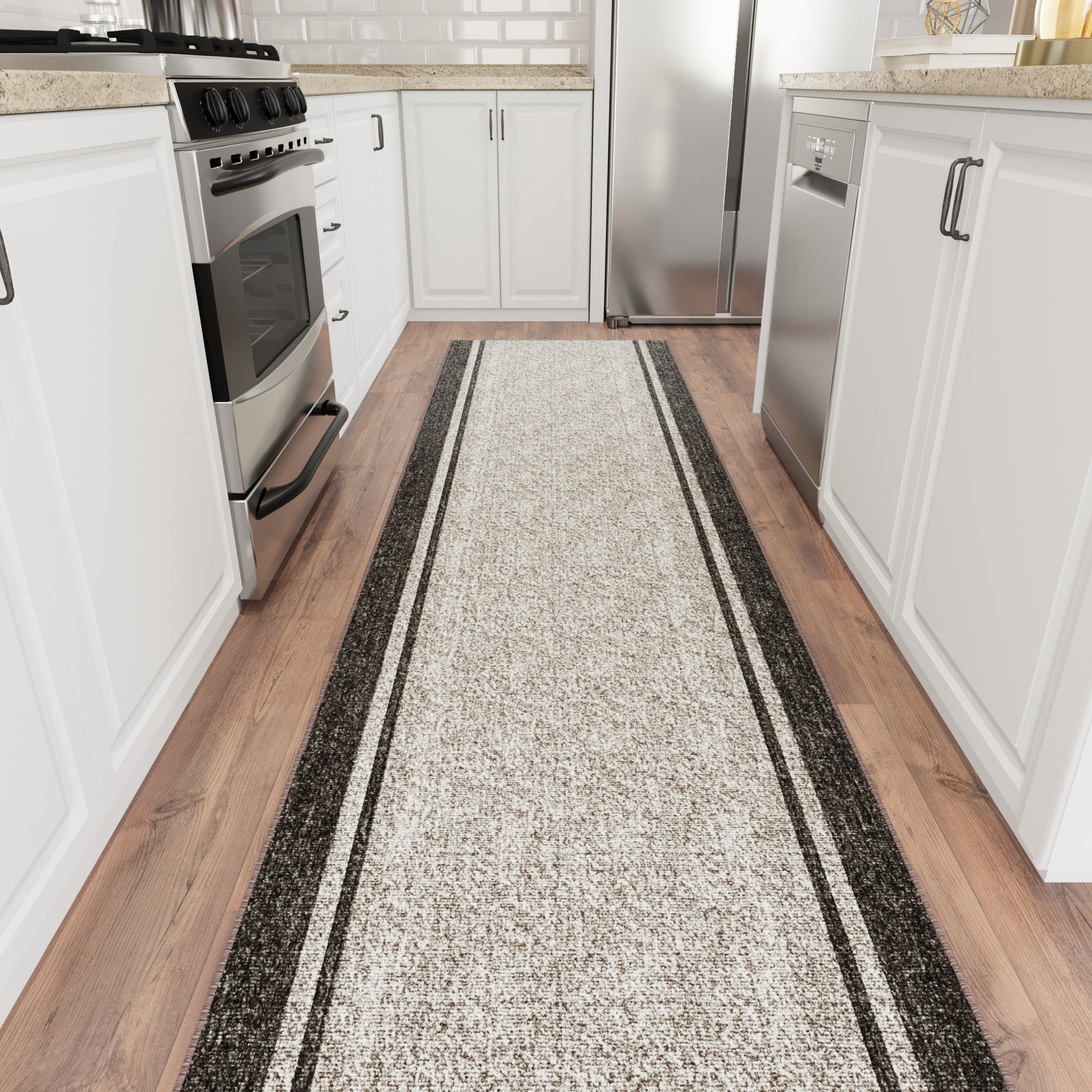 Ottomanson Kitchen Rug Set 2-Piece, Washable Non-Slip Mats for Kitchen, 22.5" x 36" + 22.5" x 72", Border Brown