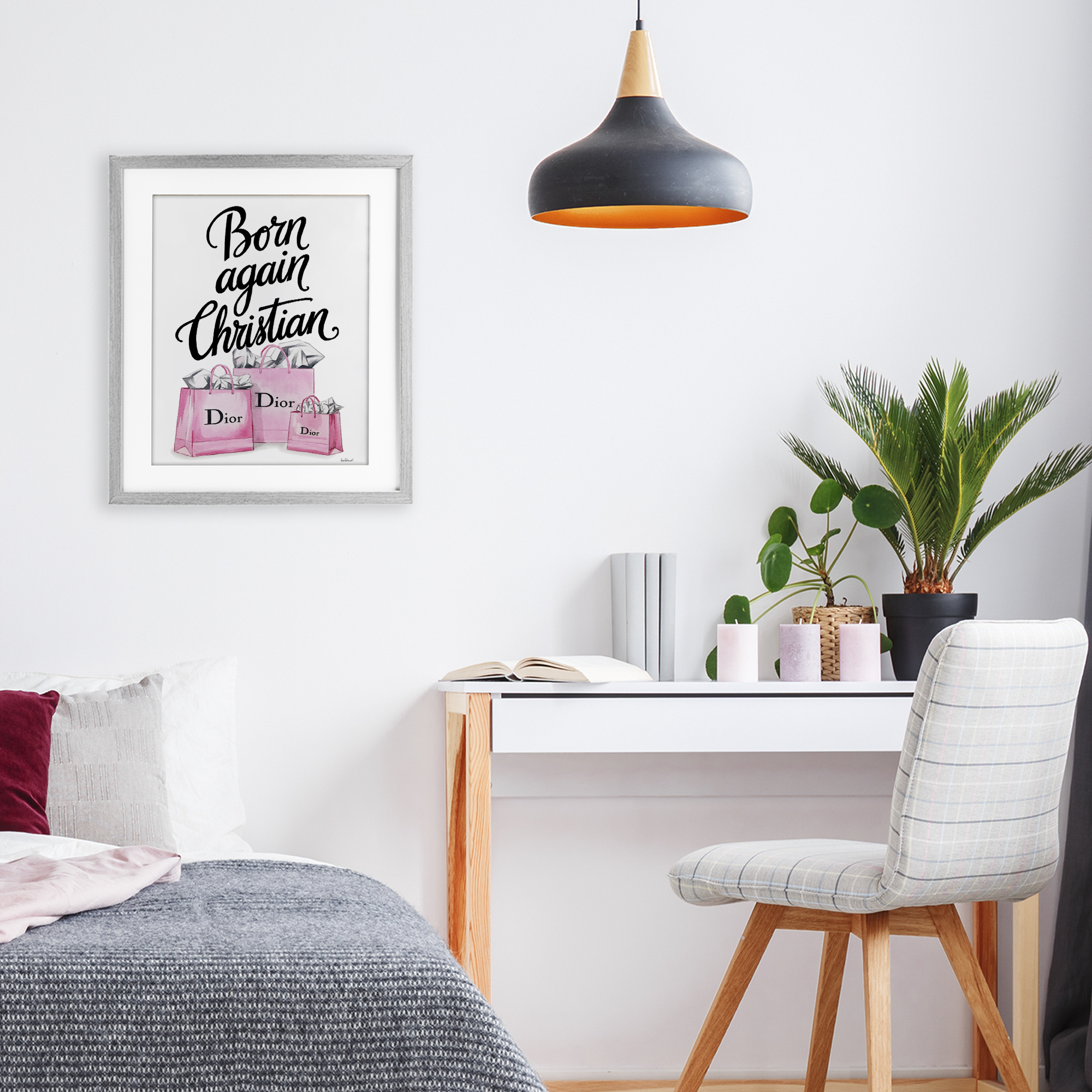 Pink Bags Born Again Christian Gray Framed Print Under Glass, design by Amanda Greenwood