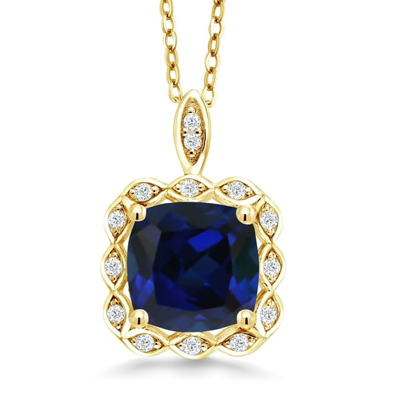 Gem Stone King 2.67 Ct Cushion Blue Created Sapphire 18K Yellow Gold Plated Silver Pendant