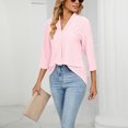thumbnail image 2 of Mujeres 3/4 manga camisa plisada V cuello abajo cuello V cuello puro color mujer Camiseta básica para fiesta Oficina viajes rosa L, 2 of 6