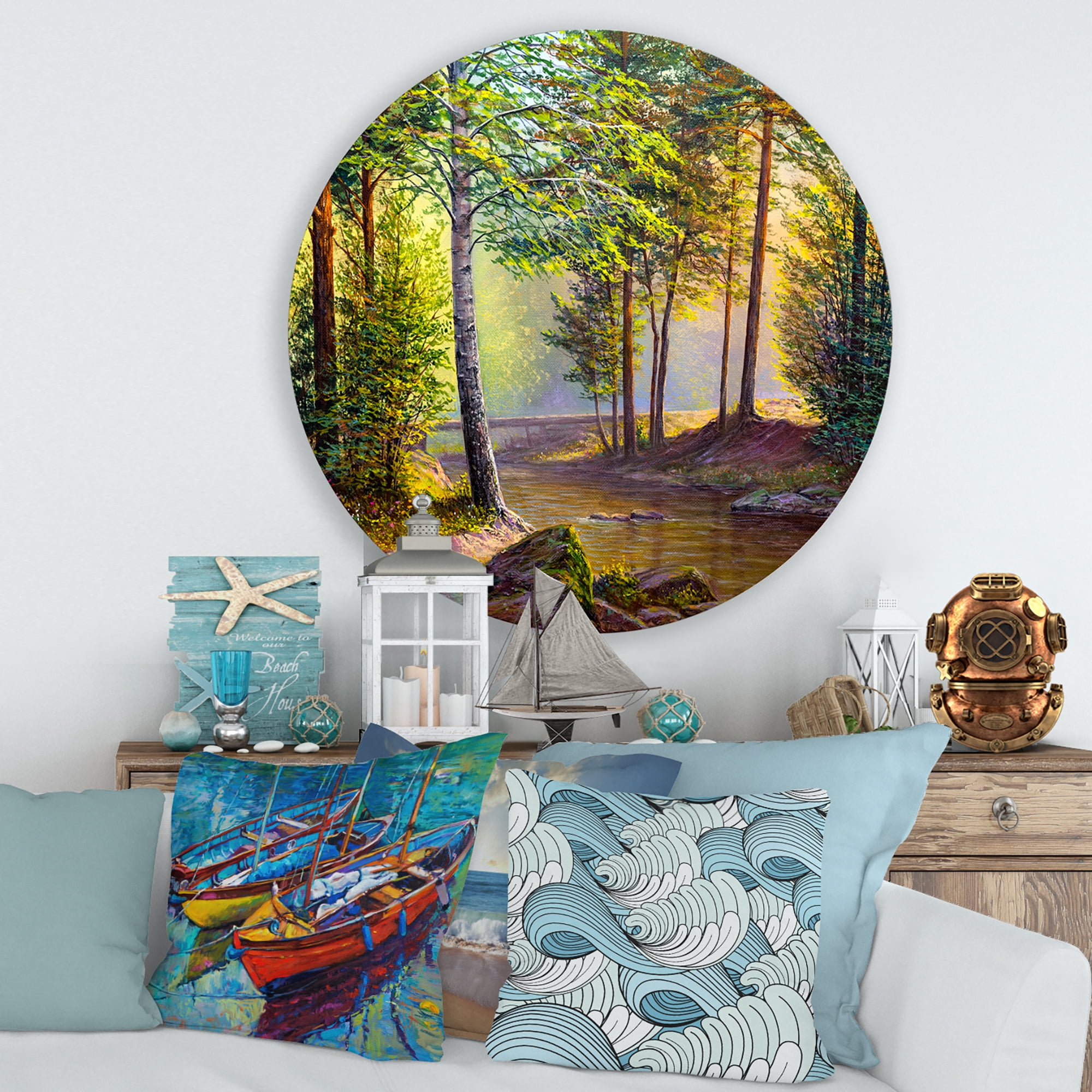 Designart 'Sunrise Glow Through The Awakening Fir Forest' Traditional Circle Metal Wall Art 36x36 - Disc of 36