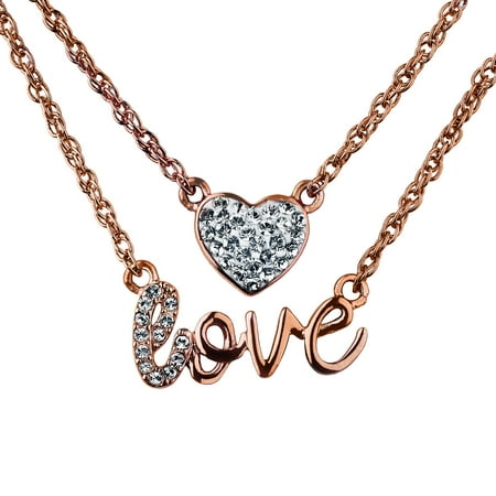 Truly Inspired Clear Swarovski Crystal Silver Plated/14kt Rose Gold Flash Duo Necklace Set, Pave Heart on 16"+2" Chain and "Love" on 18"+2" Chain