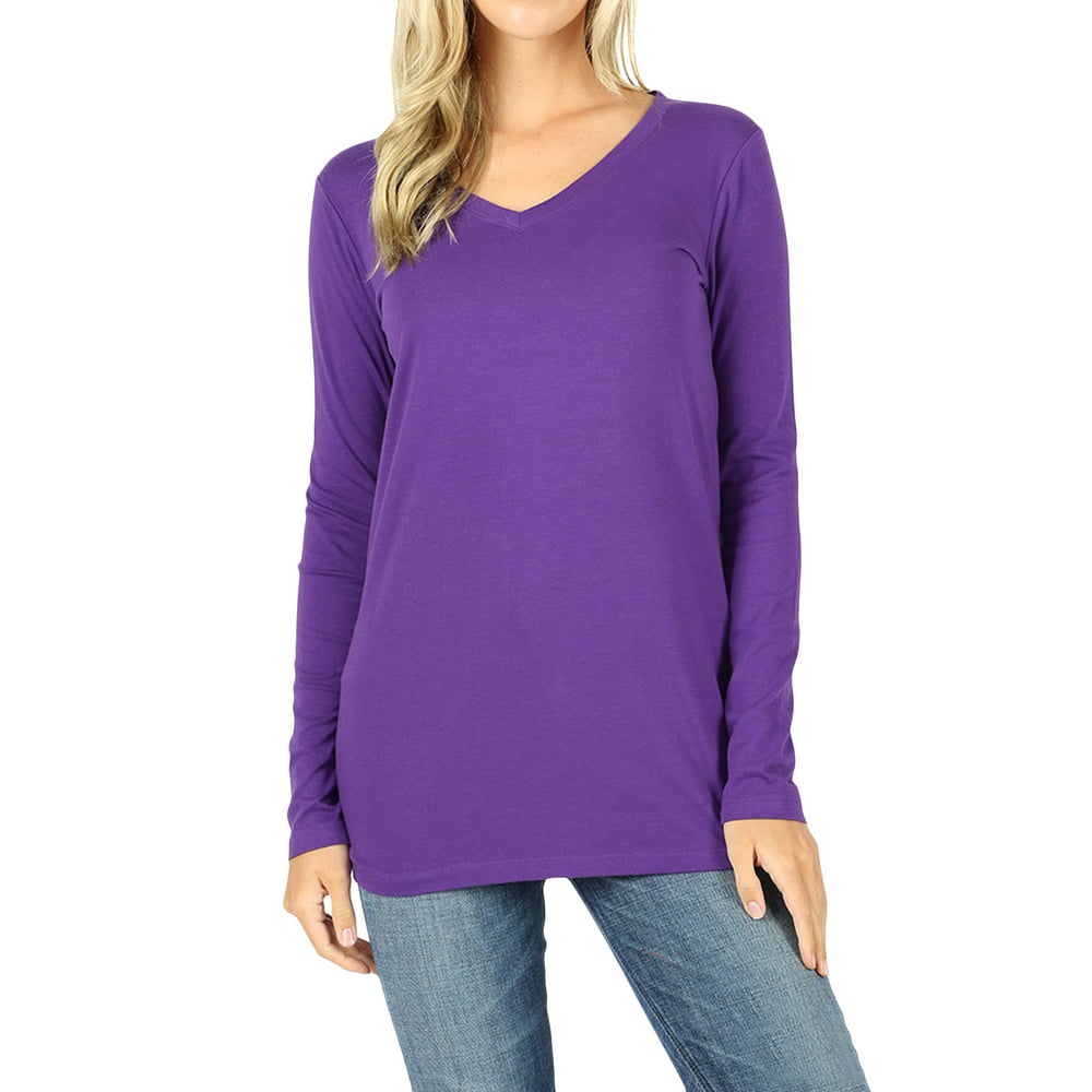 Thelovely Women Basic Cotton Relaxed Fit V Neck S 3x Long Sleeve T