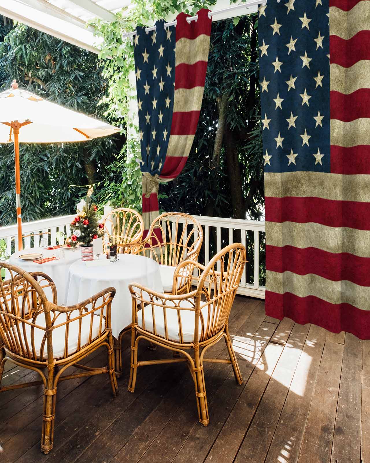 Vintage Red American Flag Outdoor Curtains for Patio, US Flag Stripe Retro Starts Privacy Drapes Grommet Waterproof Outside Curtains for Porch/Cabana/Balcony 54"x 108", 2 Panel