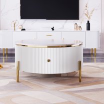 TesNus Modern Round Coffee Table with 2 Drawers, 31.5" White MDF Storage Accent Table with Gold Metal Legs for Living Room