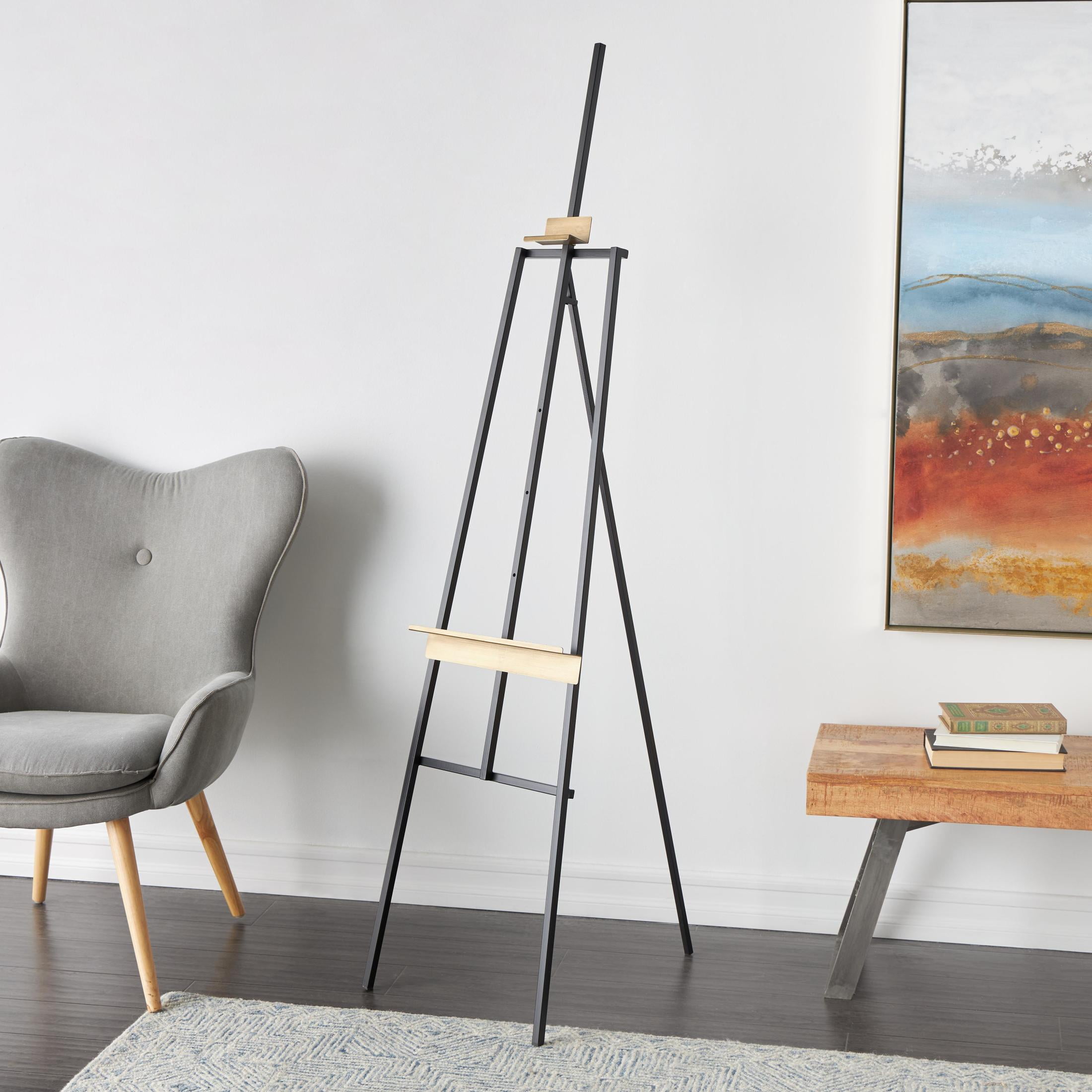 DecMode 15" x 69" Black Metal Painter's Inspired Floor 4 Tier Easel with Gold Accents, 1-Piece