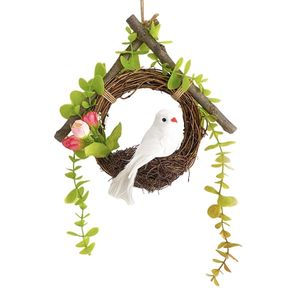 AURIGATE Easter Spring Bird & Squirrel Nest Hanging Decor, Plastic Nest Wreath with Bird, Squirrel, Floral & Pinecone Accents, Easter & Farmhouse Wall/Door Decor for Home, Porch