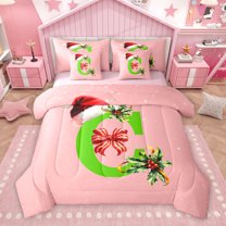 Homewish Cartoon Monogrammed C Bedding Comforter Set 7 Pieces, Dreamy Christmas Hat Full Bedding Set, Bling Stars Galaxy Reversible Fitted Sheet Flat Sheet, Ultra Soft Bedroom Decor