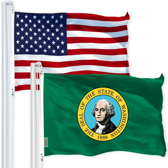 G128 Combo Flag Pack: USA American Flag 3x5 ft 150D Printed Stars & Washington State Flag 3x5 ft 150D Printed