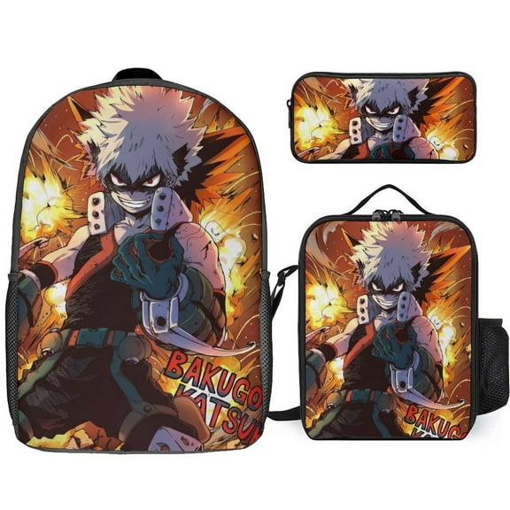 My Hero Academia Bakugo Katsuki 3 Piece Backpack Set with Lunch Bag Pencil Case , High Capacity Bookbag with Lunch Box Pen Box for Man Women Workplace Travel