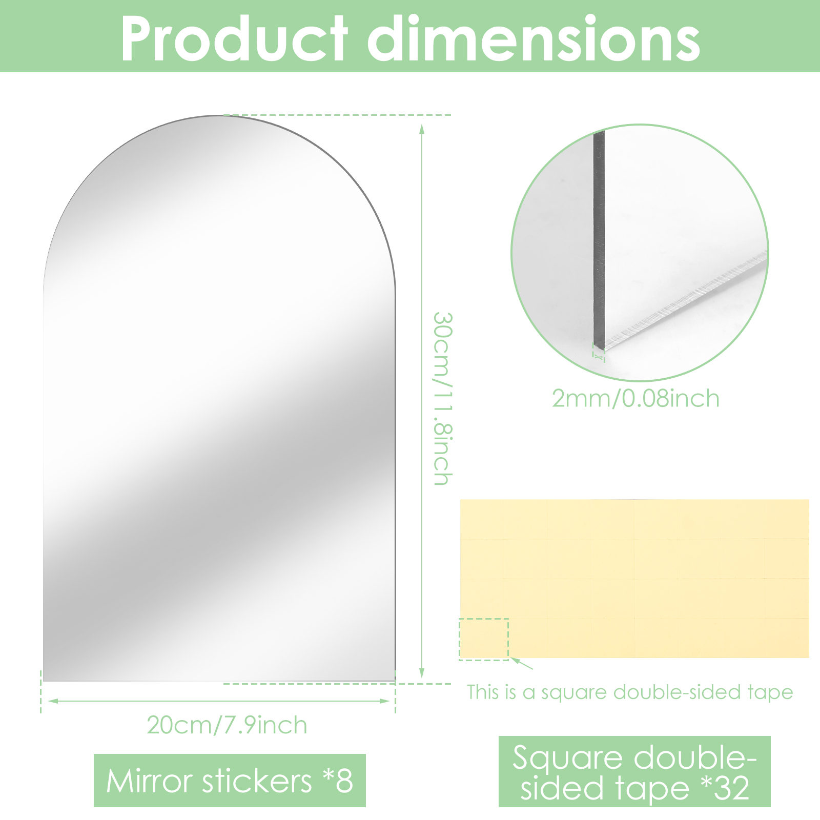 Threns 8Pcs Acrylic 2mm Self Adhesive Mirror Sticker Free Punching Flexible Mirror Wall Sticker Strong Adhesion for Wall Bathroom Home