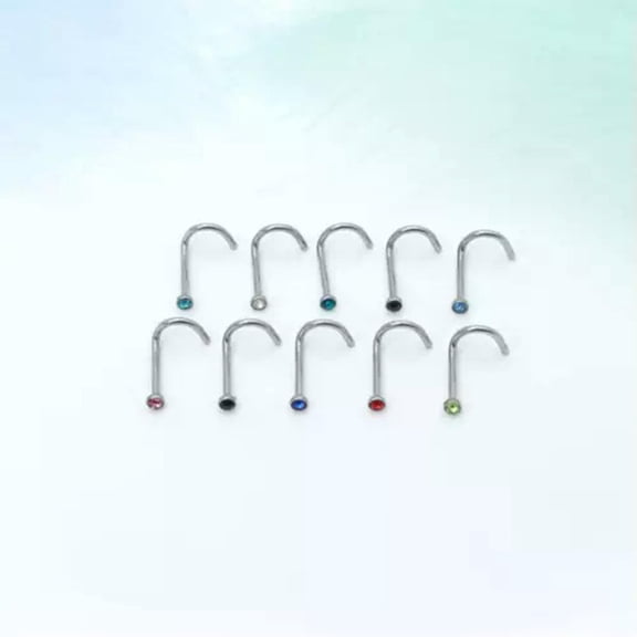 K-KED 10pcs Gem Bone Nose Studs Colorful Crystal Screw Nostril Ring Piercing Jewelry-ALL Clear