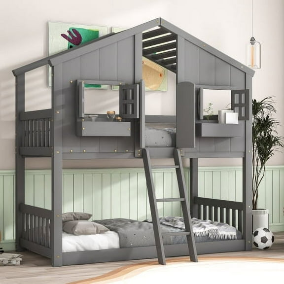 Twin over Twin House Bunk Bed with Roof , Window, Window Box, Door , with Safety Guardrails and Ladder