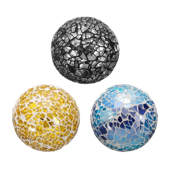Uxcell 3Pcs Decorative Glass Balls 2.36 Inch Orbs Centerpiece Balls Mosaic Glass Ball Sphere for Decor Bowls Vases Dining Table Party, Silver Black, Gold Tone, Bright Blue