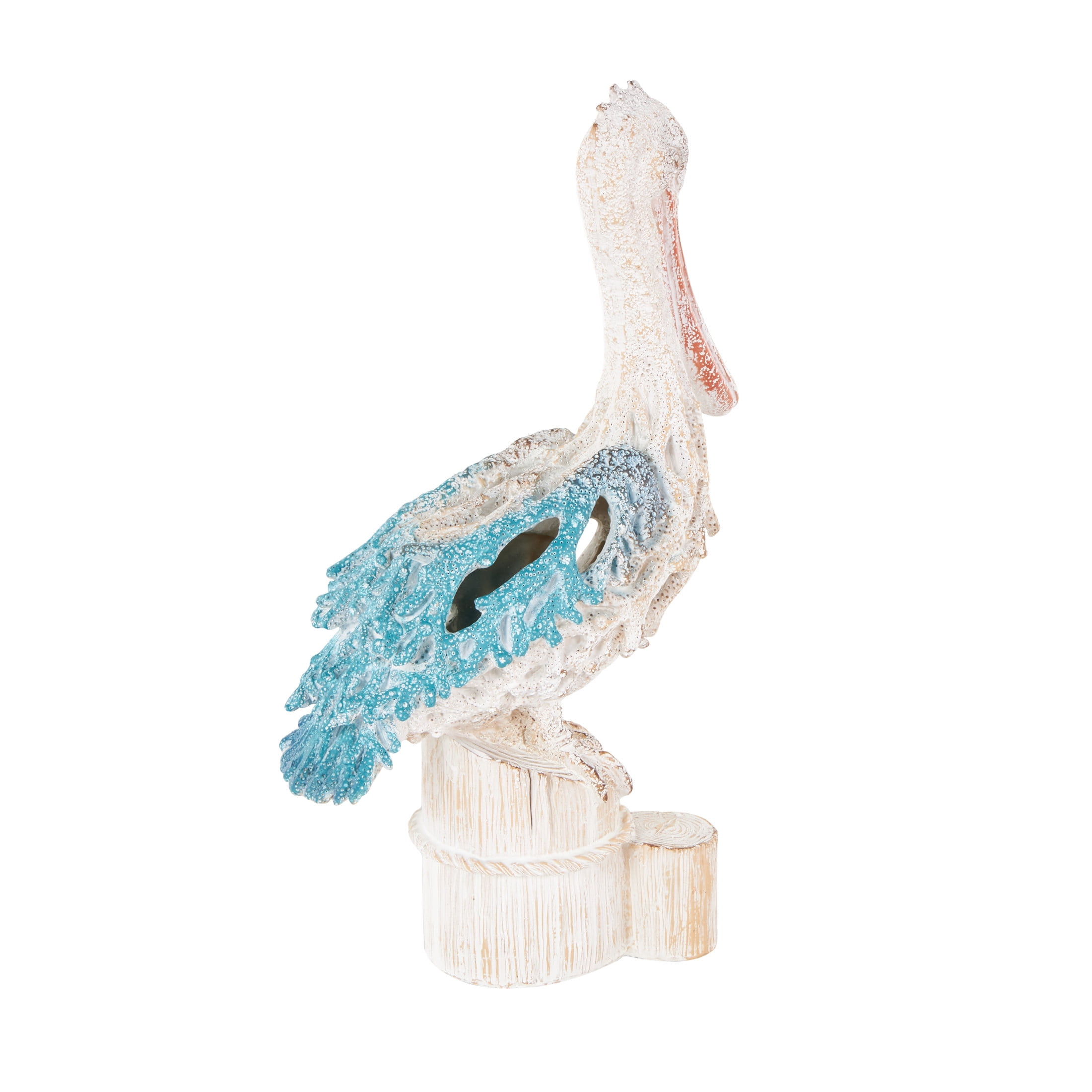 8" x 13" Blue Polystone Textured Pelican Sculpture with Blue Feathers, by DecMode