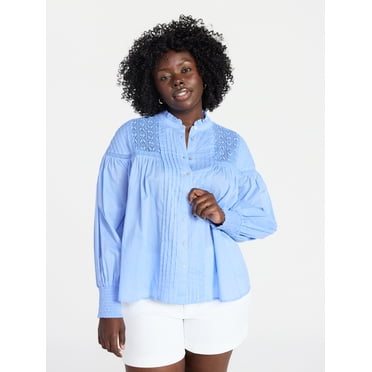 Terra & Sky Women's Plus Size Lace Inset Blouse with Long Sleeves, Sizes 0X-5X