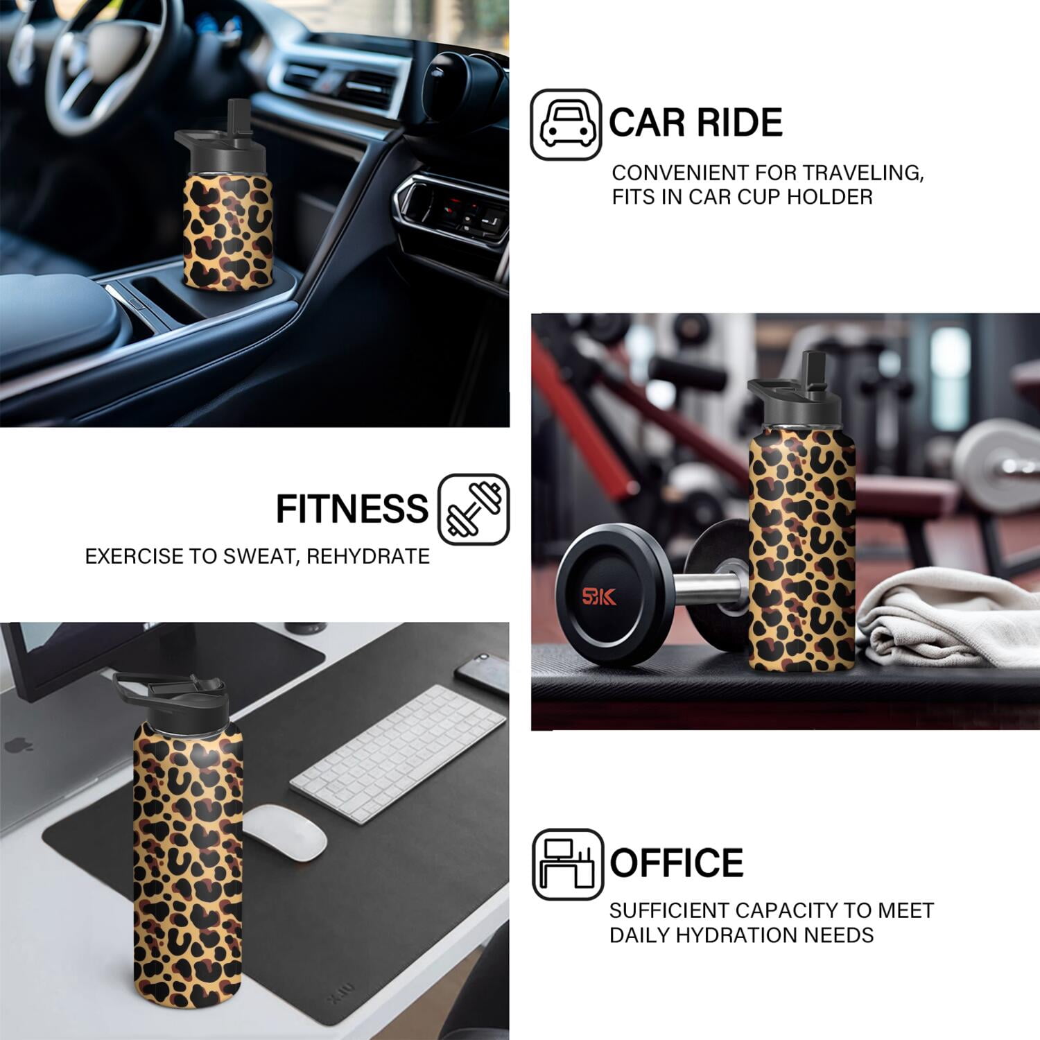 Leopard Print Insulated Stainless Steel Water Bottle with Straw & Cleaning Brush – 18 Oz | Leakproof, BPA-Free, 304 Stainless Steel, Wide Mouth, Travel Mug for Car, Gym, Office