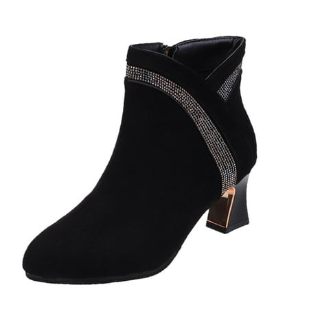 

Ladies Fashion Solid Color Boots Pointed Toe Mid Heel Rhinestone Side Zipper Suede Booties