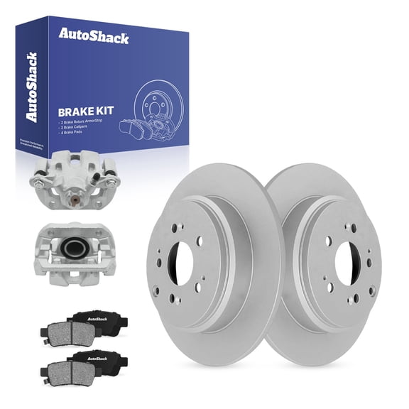 AutoShack Rear Solid Coated Brake Rotors Ceramic Pads Calipers 8-PC Brake Kit Replacement for 2005-2010 Honda Odyssey ArmorStop 12.3" (312.5 mm)