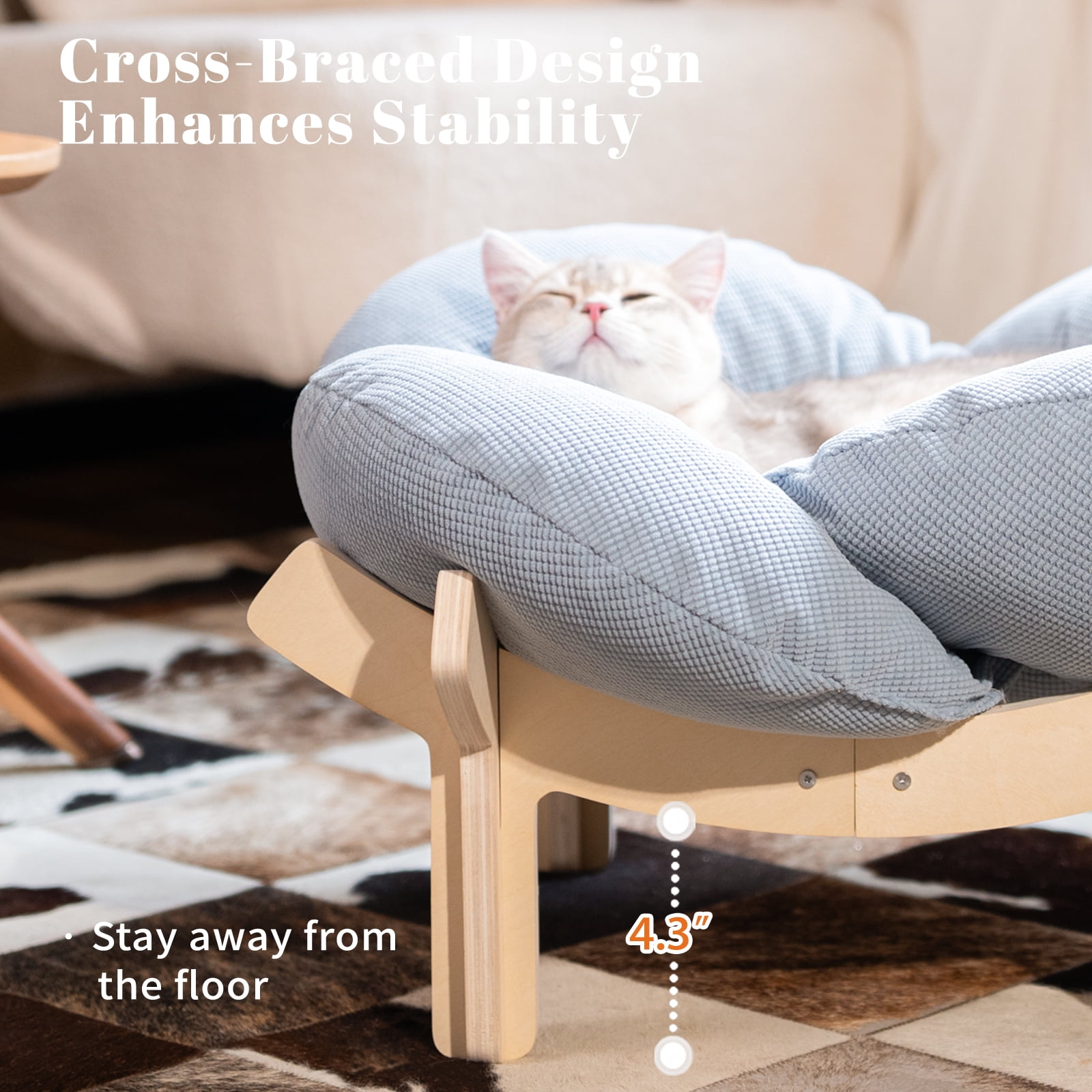 CheerPals Elevated Cat Bed, Washable Flower Pet Cushion with Sturdy Wooden Frame, Heavy-Duty Lounge Chair for Indoor Cats & Small Dogs, Blue