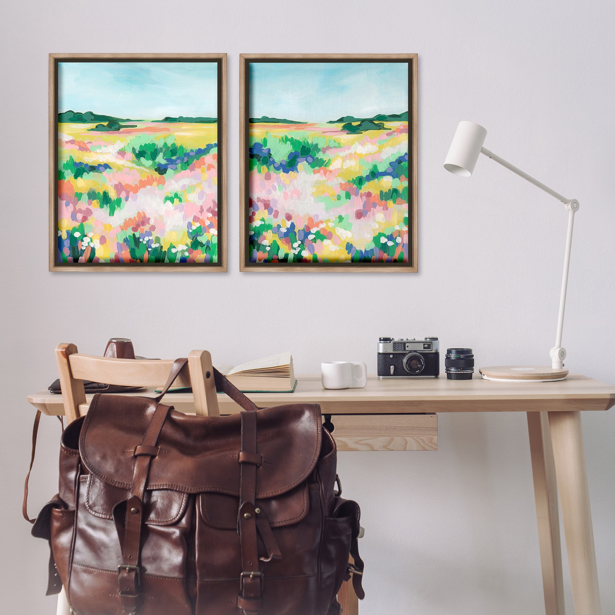 Stupell Industries Modern Country Meadow Landscape Painting Brown Floater Framed Canvas Art Print Wall Art, 25 x 31, Set of 2