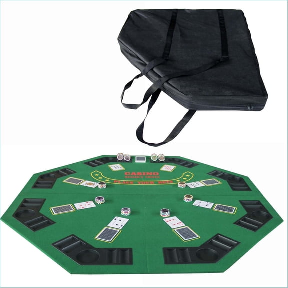 Poker Table Top 48” Octagon 8-Player Folding Green Felt with Cup Holders & Chip Racks | Green | Classic