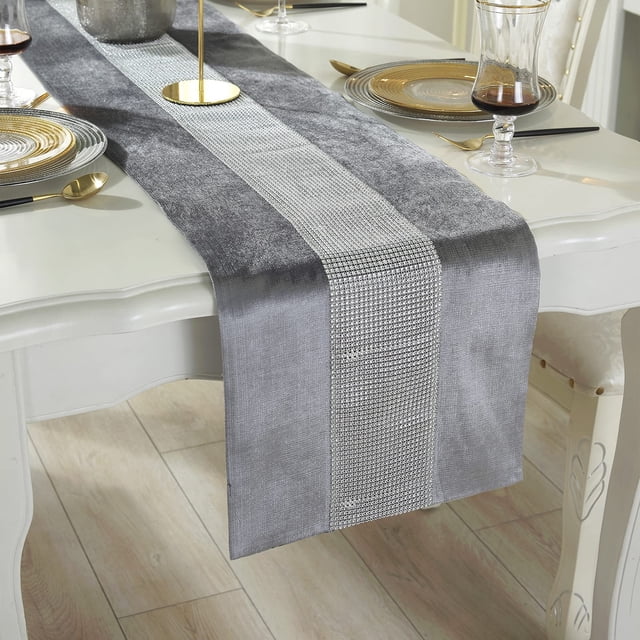 Camino de mesa gris de 32 x 180 cm con purpurina y diseño de diamantes plateados para mesa de cocina, mesa de café, tocador y decoración de vitrinas de vinos (180 cm, gris)