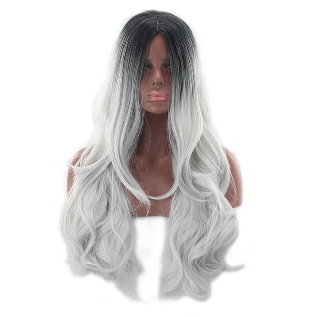Peluca genérica para cosplay, negra a gris plateado, degradada, larga y ondulada