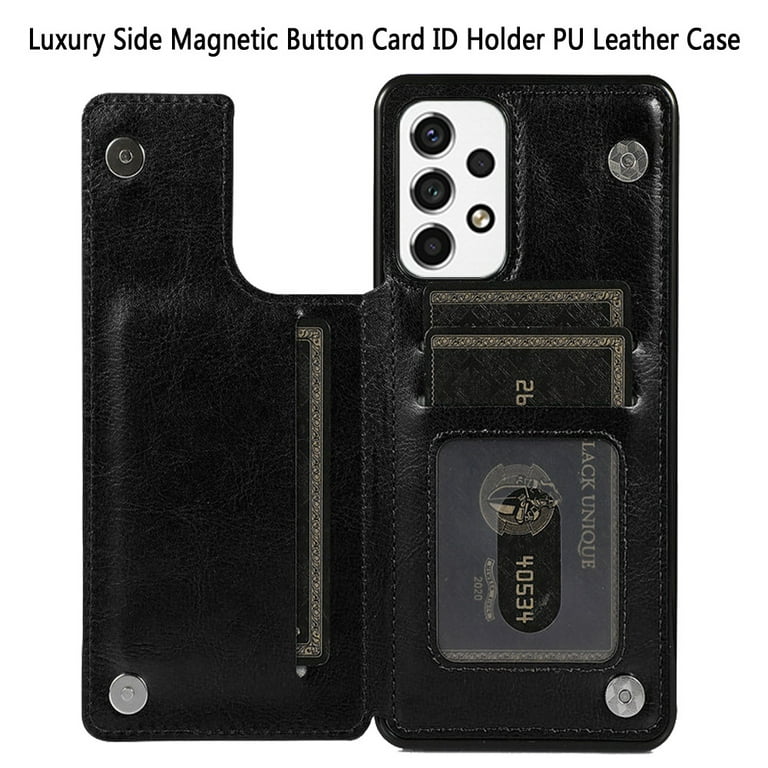 HR Wireless Samsung A53 5G Luxury Side Magnetic Button Card ID Holder PU Leather Case Cover - Black