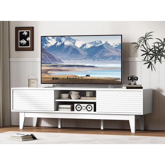 Fluted TV Stand for 55 65 Inch TV, Mid Century Modern Entertainment Center with Shelves, Cabinets & Sliding Doors, TV Media Console Table with Wood Feet & Cord Holes for Living Room, Bedroom, White