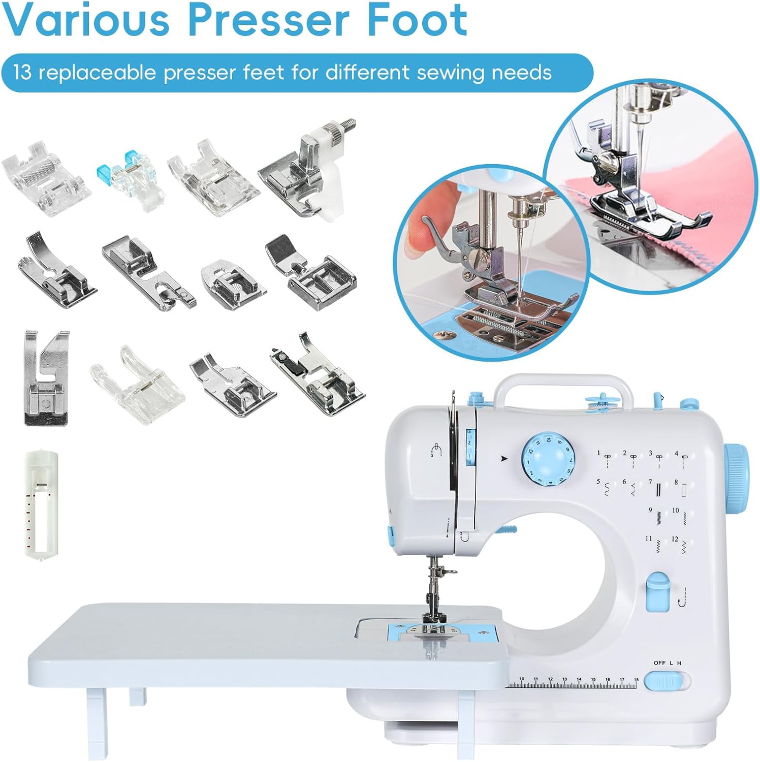 Sewing Machine for Beginners, Portable Mini Sewing Machine with 13 Replaceable Presser Feets, Built-in 12 Stitches, Extension Table, 39 Colors Thread, Reverse Sewing, 2 Speed Foot Pedal, Sewing Kit