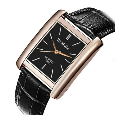 High Quality Rectangle Shape Black Face Goldtone Case Leather Band Watch-115-WG