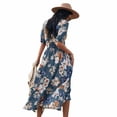 thumbnail image 3 of Baohd Robe Longue Imprimée Taille Haute Col en V Décontractée Plage Manches Courtes Jupe de Fête Vacances Bleu L, 3 of 6
